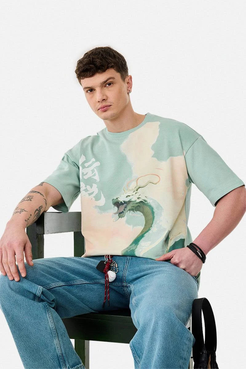 Snitch Men's Dragon Digital Puff Print Oversized T-Shirt