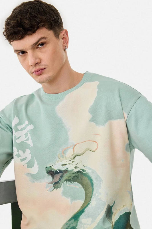 Snitch Men's Dragon Digital Puff Print Oversized T-Shirt